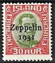 FRIMÆRKER ISLAND | 1931 - AFA 147 - Zeppelin - 30 aur grøn/rød Chr. X overtryk Zeppelin - Postfrisk